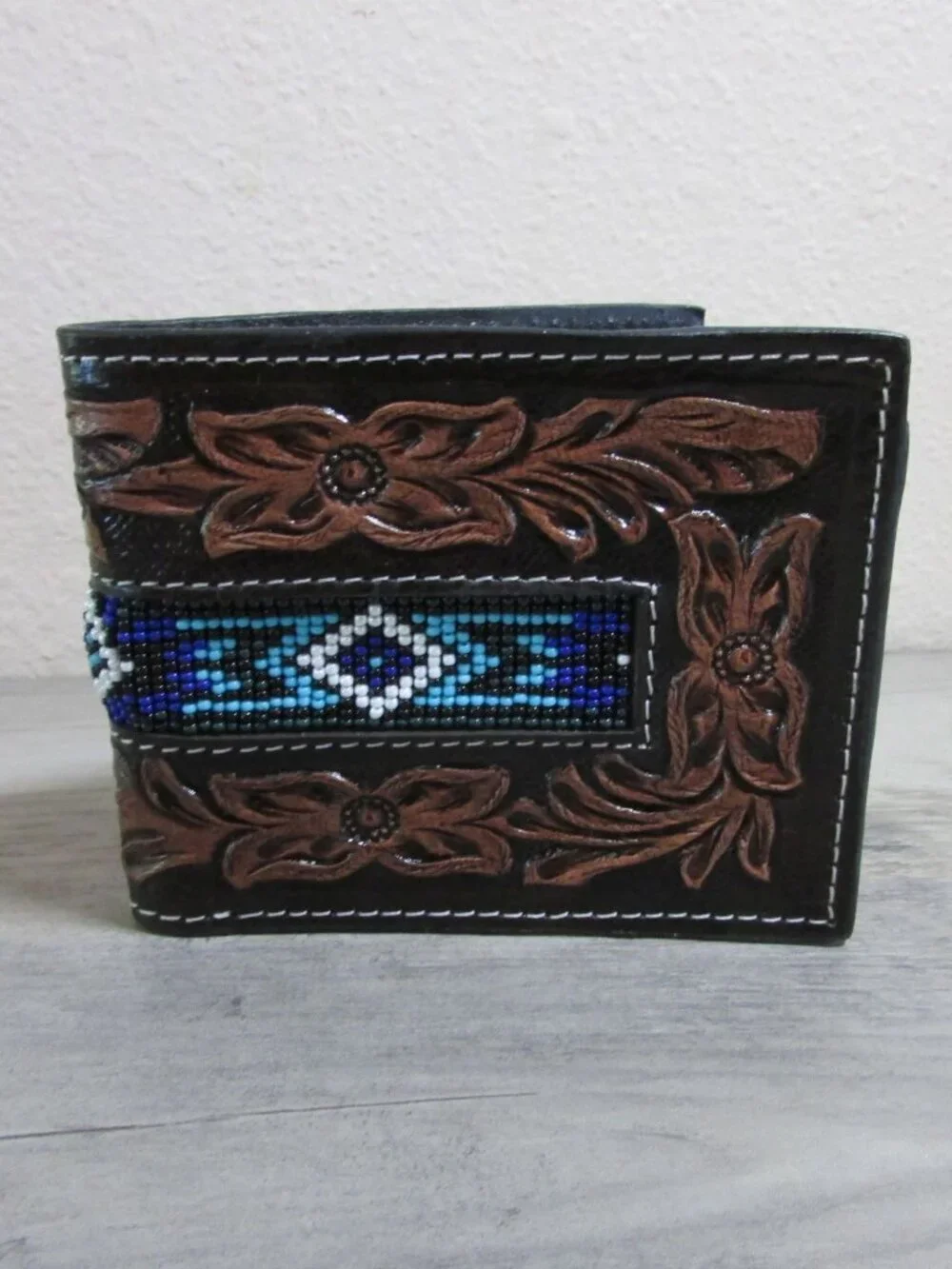 Leather Tooled & Aztec Beaded Men's Bifold Wallet - Blue